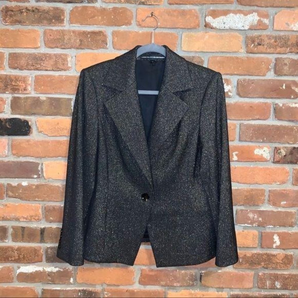Linda Allard Ellen Tracy Black & Gold Wool Single Button Blazer Size 10